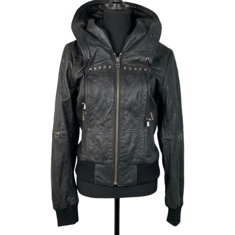 Danier Black Hooded Leather Bomber Jacket with Stud Accents